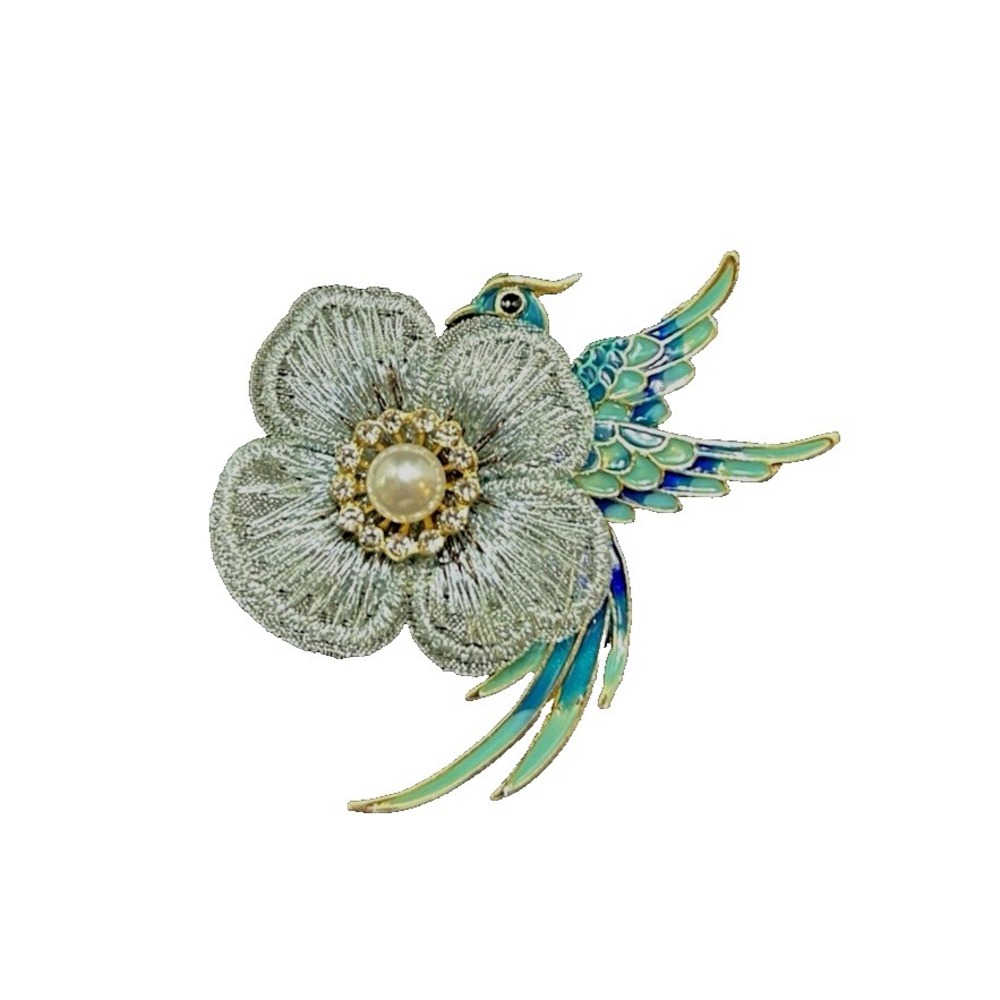 Phoenix Enamel Bird Pin Brooch Flower Rhinestones Teal‎ Blues Greens